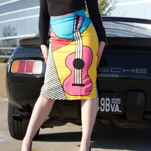 Linen IBE 80s Colorblock Avant Garde Guitar Pencil Skirt